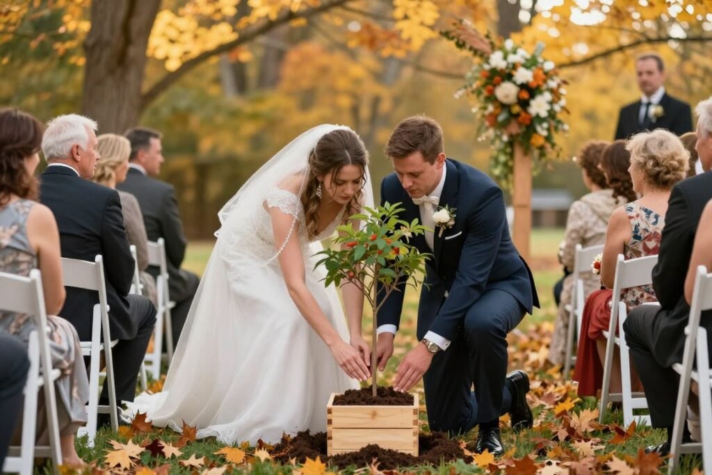 Couple planting tree during fall wedding unity ceremony Couple planting tree during fall wedding unity ceremony