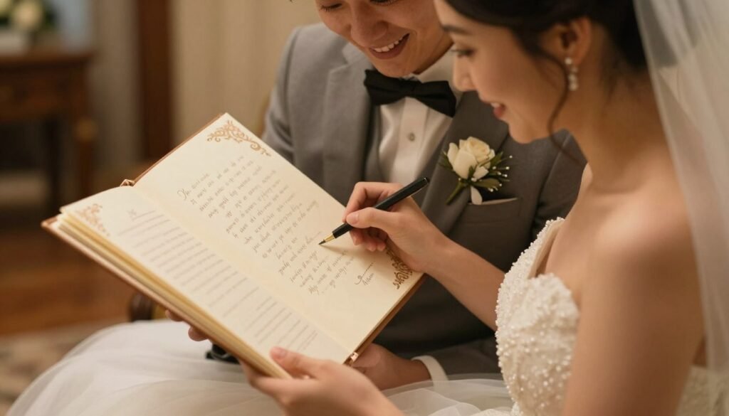 Couple reading their guest book together after their special day Couple reading their guest book together after their special day