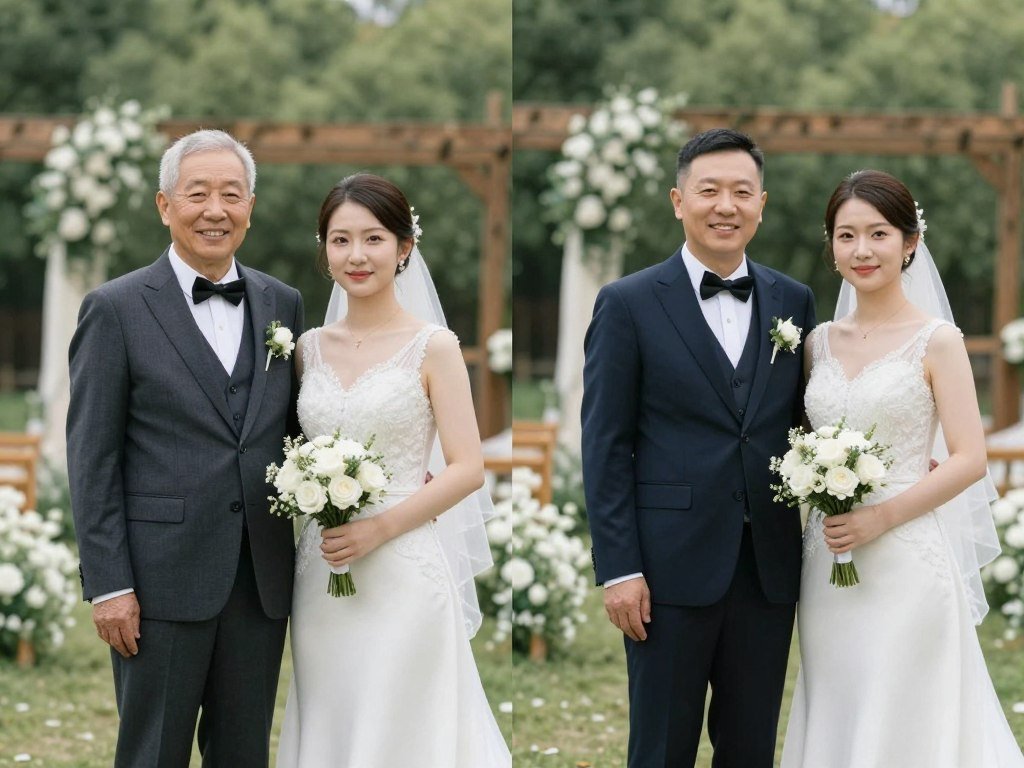 Couple recreating wedding photos at original venue for anniversary Couple recreating wedding photos at original venue for anniversary