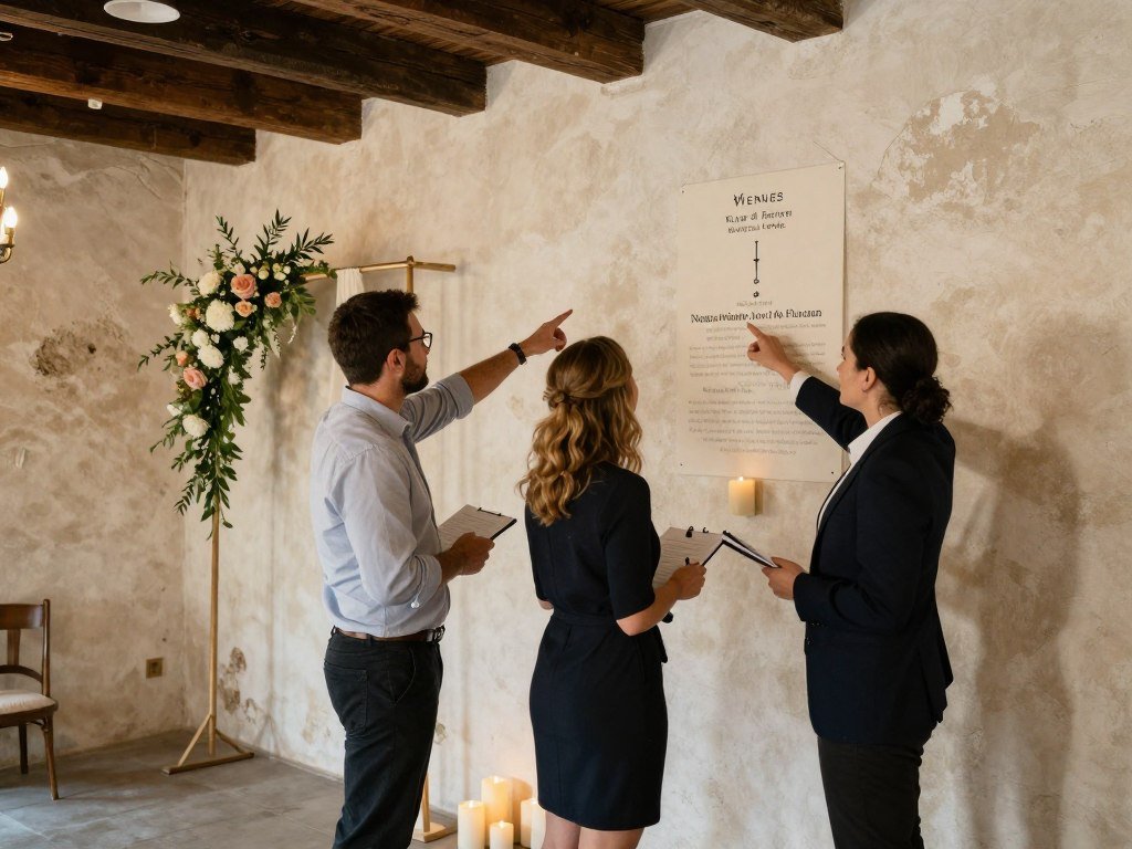 Couple reviewing venue decoration restrictions with wedding planner