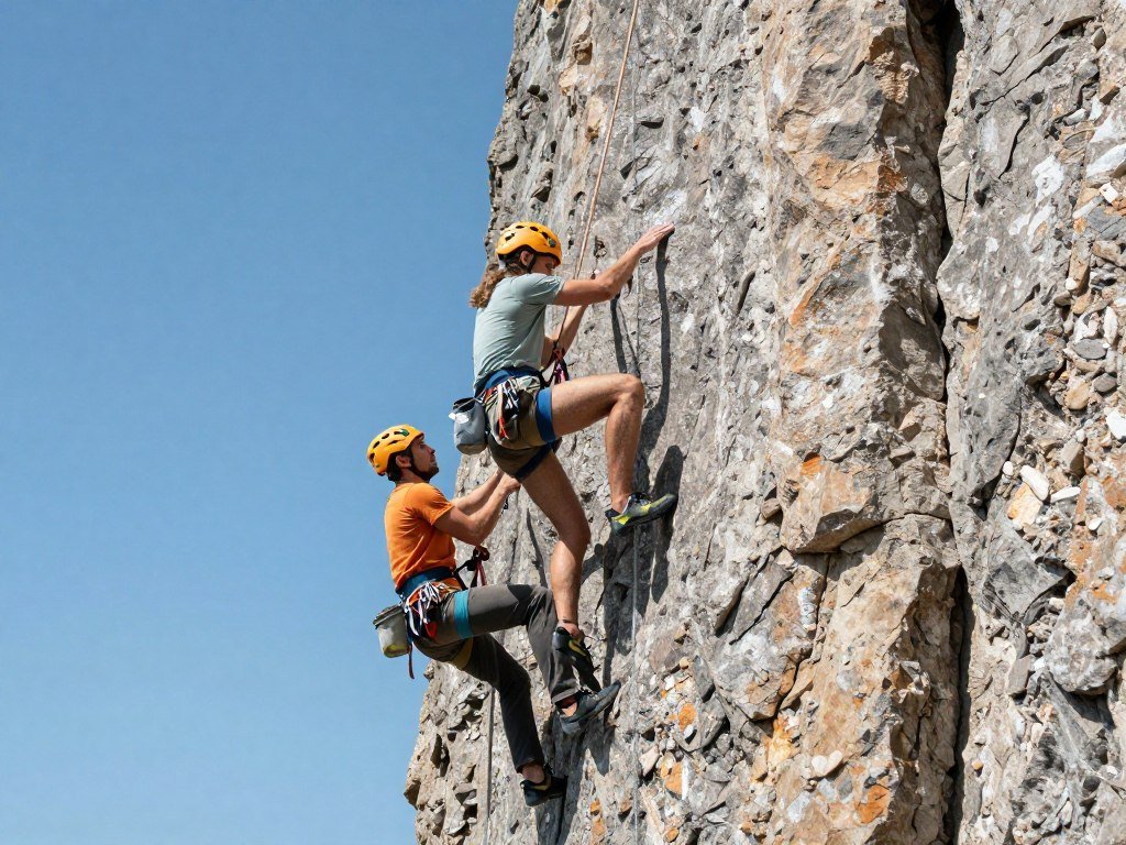 Couple rock climbing together on outdoor cliff face with safety gear