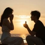 Couple sharing an intimate moment during a romantic proposal at sunset