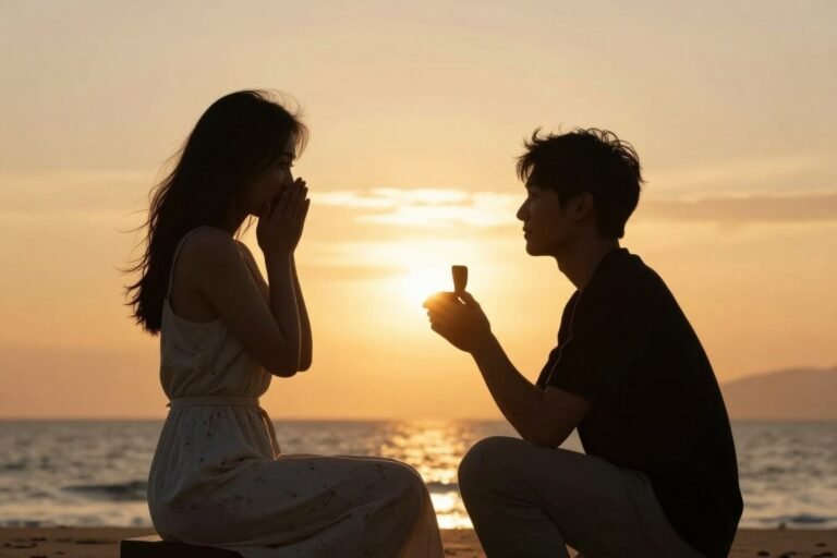 Couple sharing an intimate moment during a romantic proposal at sunset