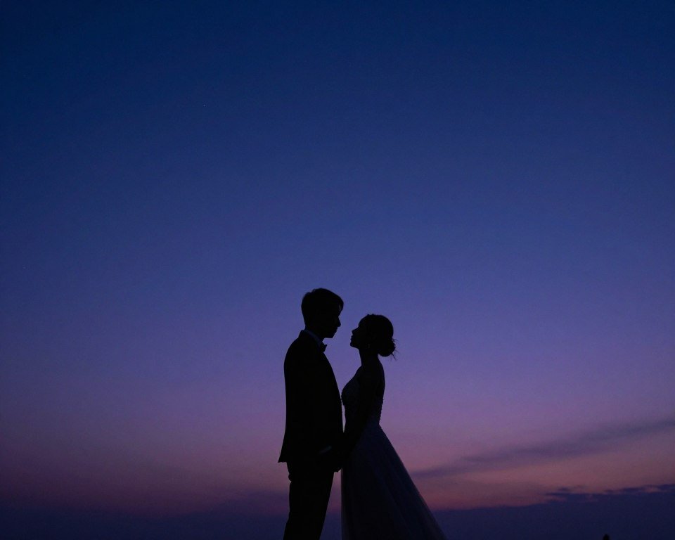 Couple silhouette against twilight sky with stars