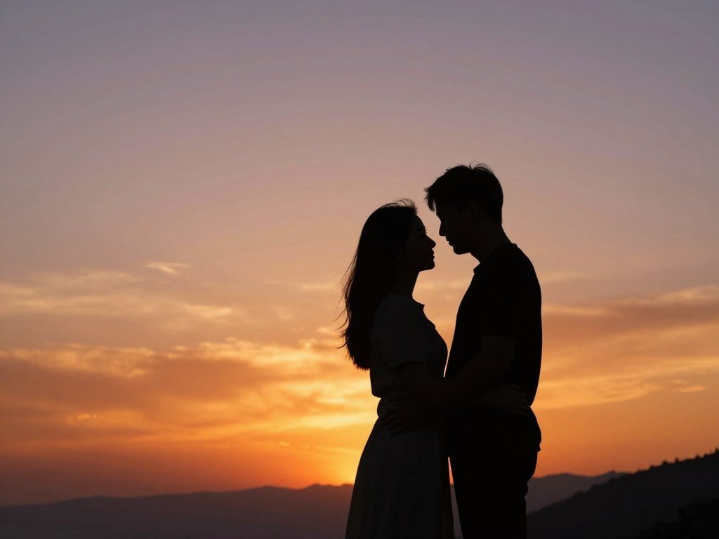 Couple silhouette at sunset for artistic save the date photo