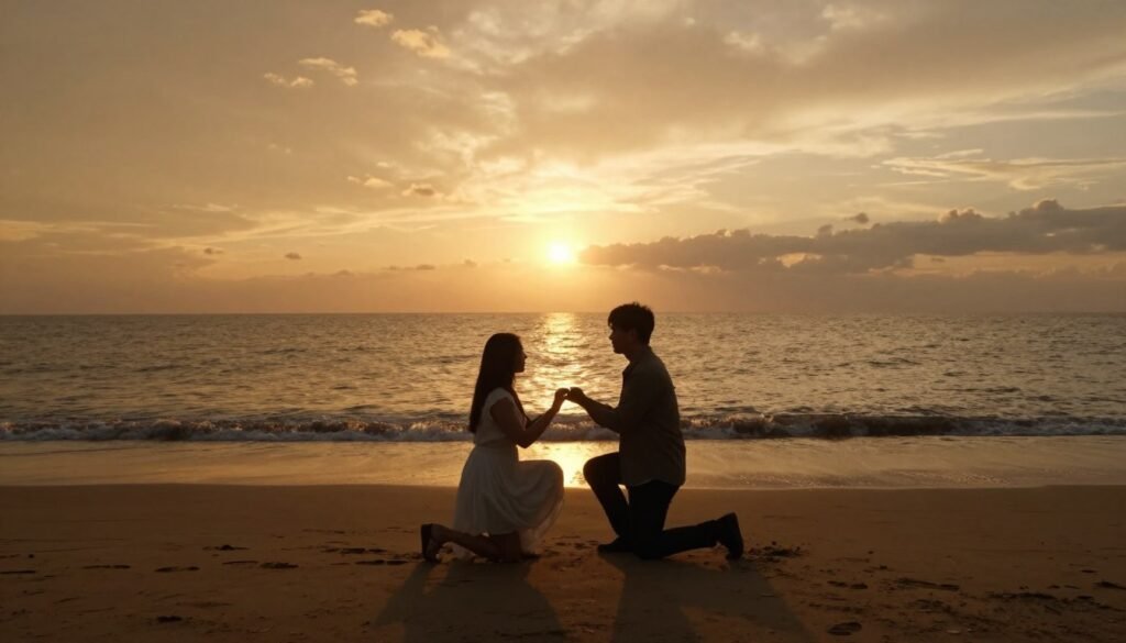 Couple silhouette on beach during golden sunset proposal moment