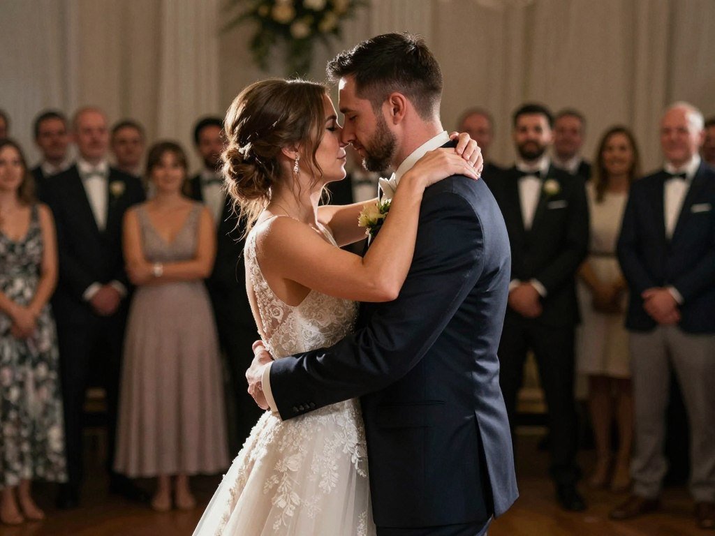 Couple slow dancing during first dance with romantic lighting