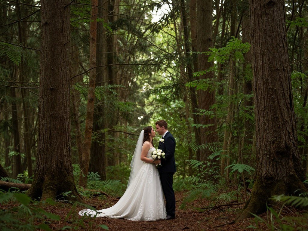 Couple standing among tall trees in forest setting