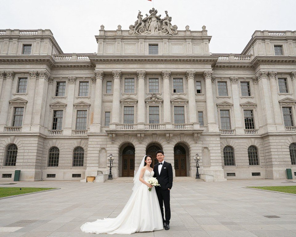 Couple standing in front of historic building with dramatic architecture