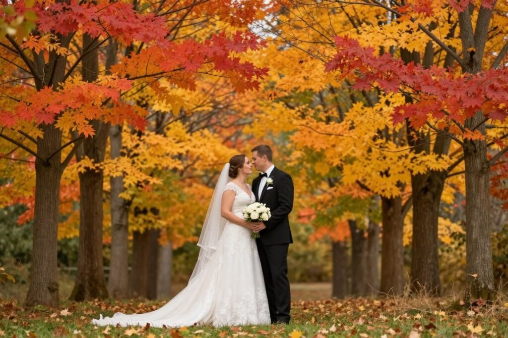 Couple surrounded by colorful fall leaves