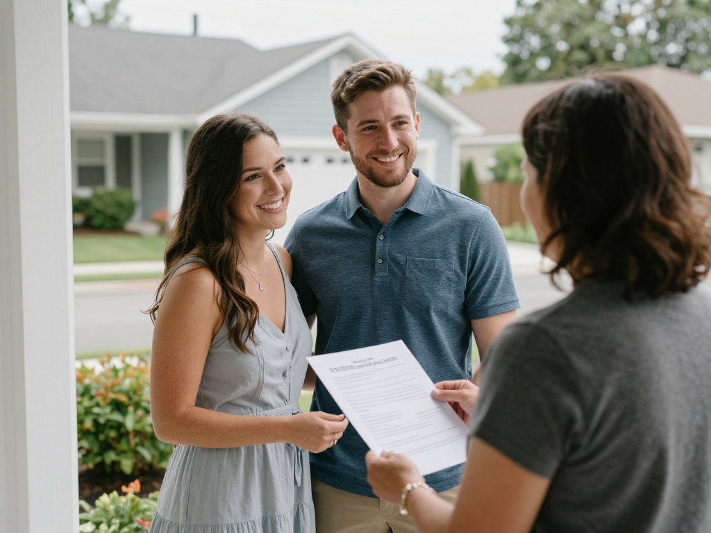 Couple talking with neighbors about wedding plans