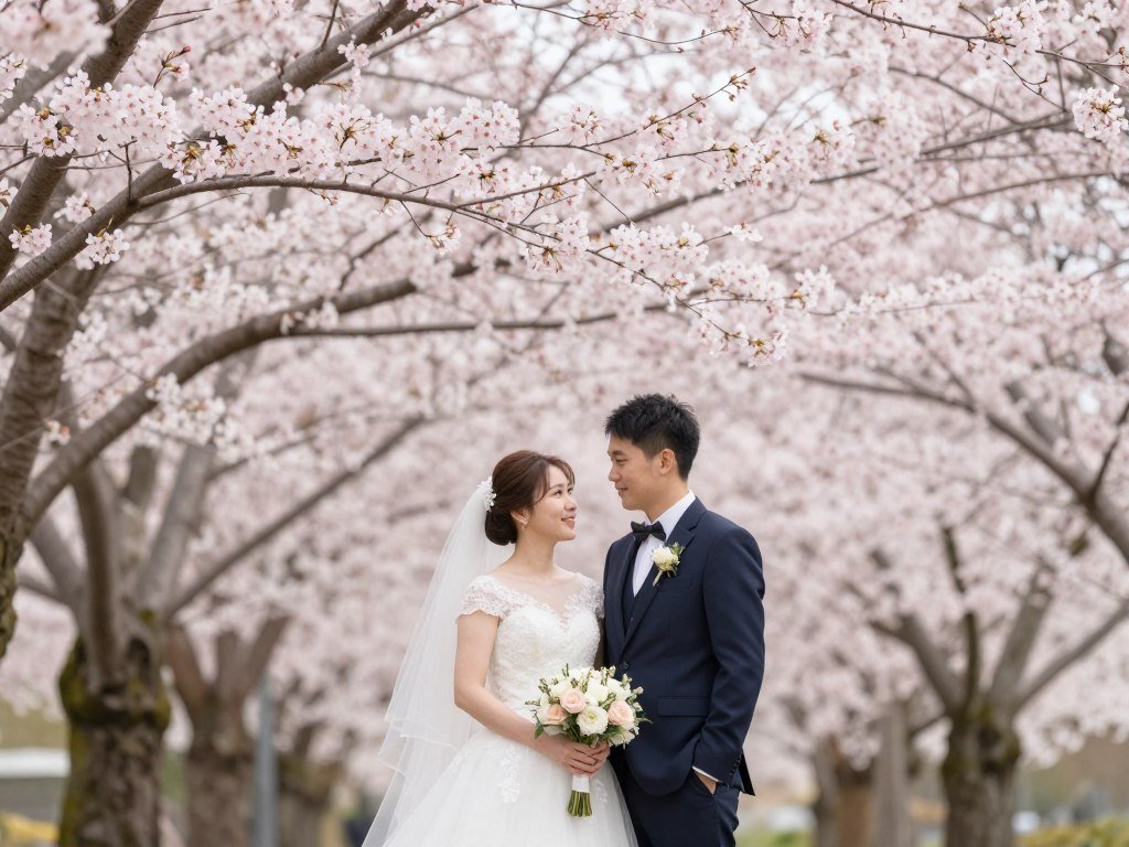 Couple under blooming cherry blossom tree in spring