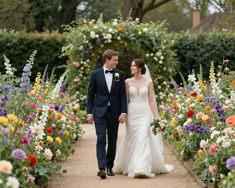 Couple walking through blooming garden with colorful flowers