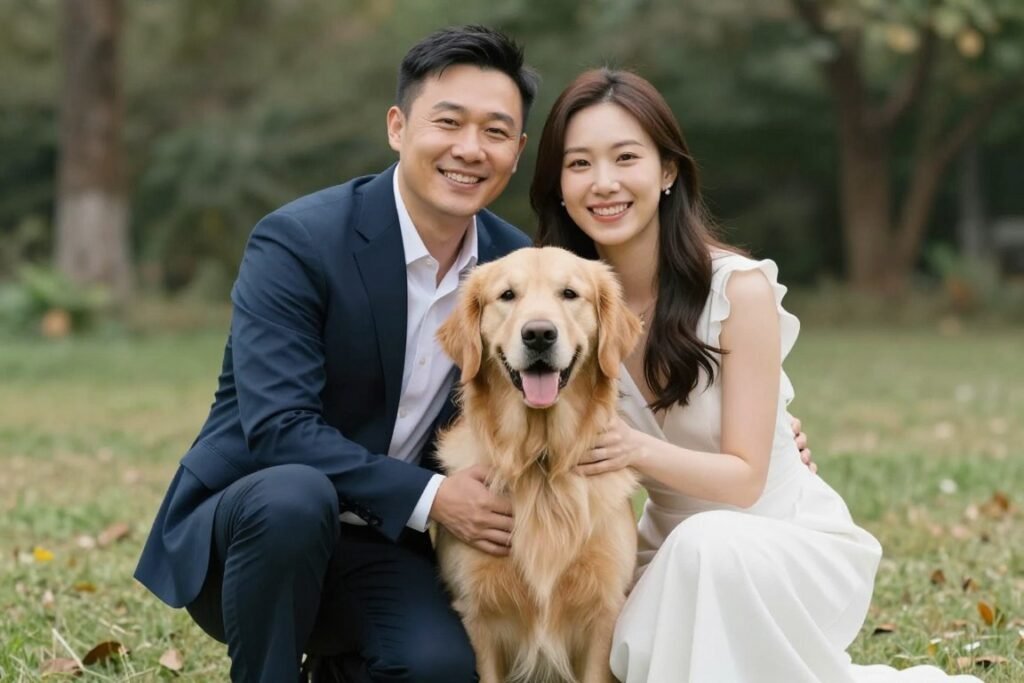 Couple with dog in engagement photo for save the date with pets