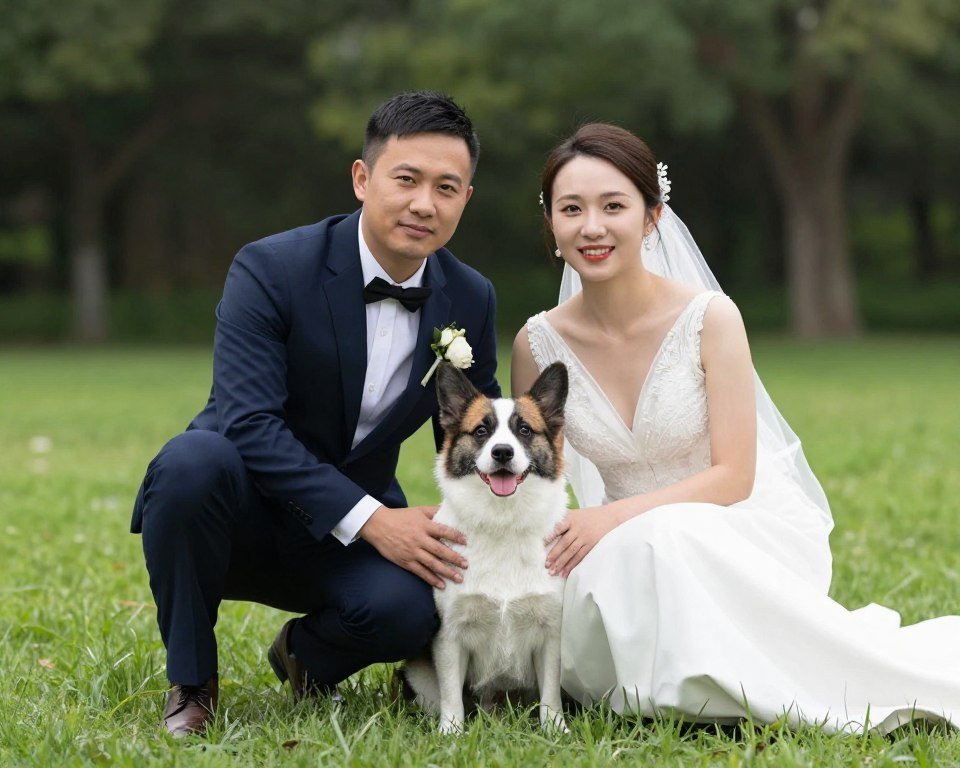 Couple with their dog in wedding photo