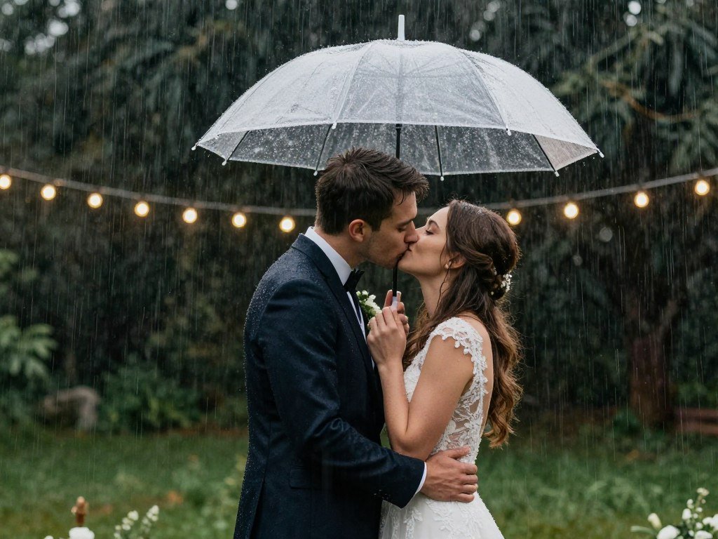 Couple with umbrellas on rainy wedding day