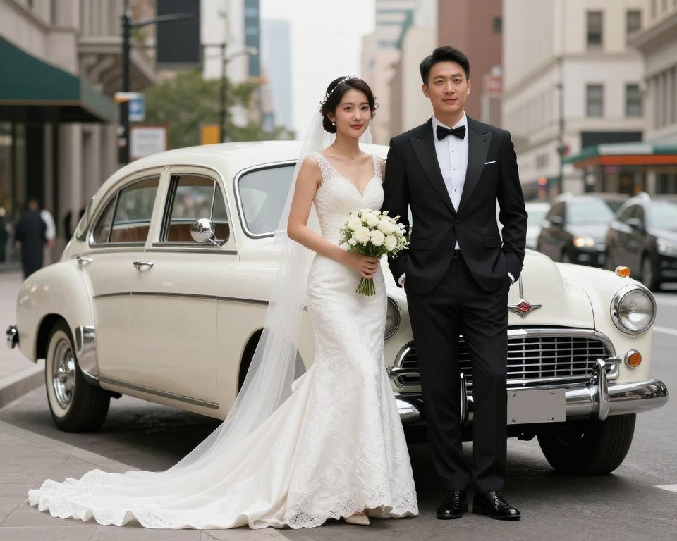 Couple with vintage car at urban wedding