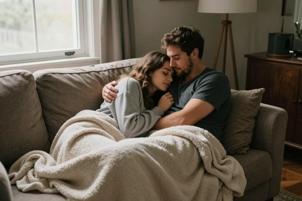 Cozy at-home anniversary photo shoot in living room with natural lighting Cozy at-home anniversary photo shoot in living room with natural lighting