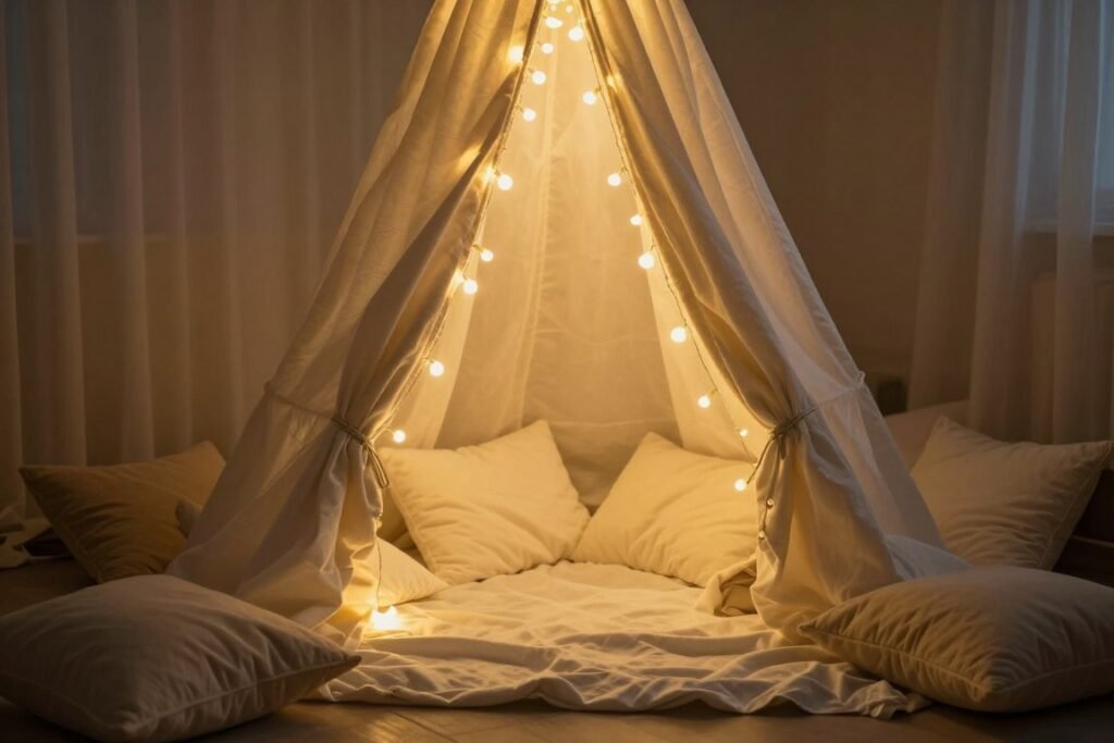 Cozy blanket fort with string lights and pillows for a romantic proposal Cozy blanket fort with string lights and pillows for a romantic proposal