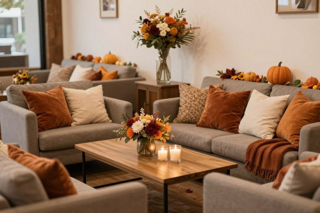 Cozy fall wedding lounge area with comfortable seating and seasonal decor Cozy fall wedding lounge area with comfortable seating and seasonal decor