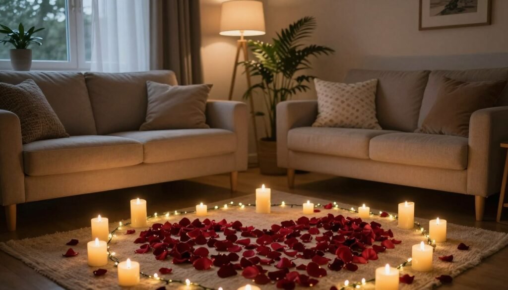 Cozy home interior decorated for romantic proposal