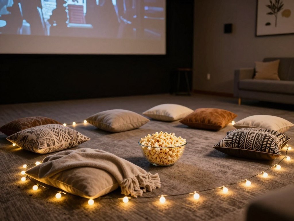 Cozy home movie night setup with fairy lights blankets and popcorn