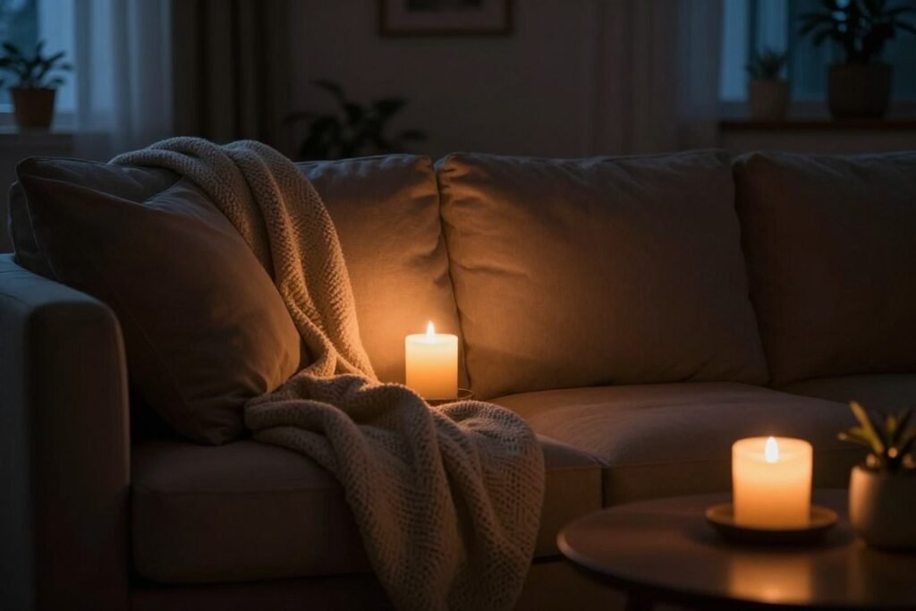 Cozy living room at night with soft lighting and candles Cozy living room at night with soft lighting and candles