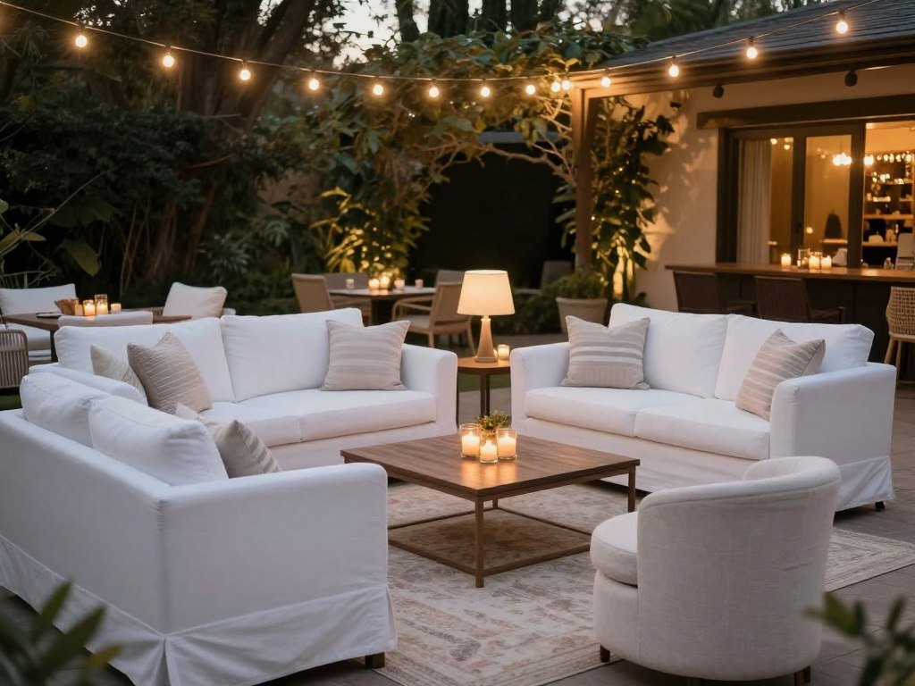 Cozy lounge area at backyard wedding reception