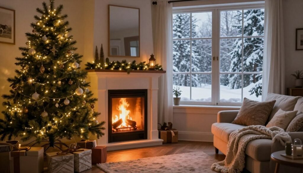 Cozy winter scene with fireplace and romantic holiday decorations Cozy winter scene with fireplace and romantic holiday decorations