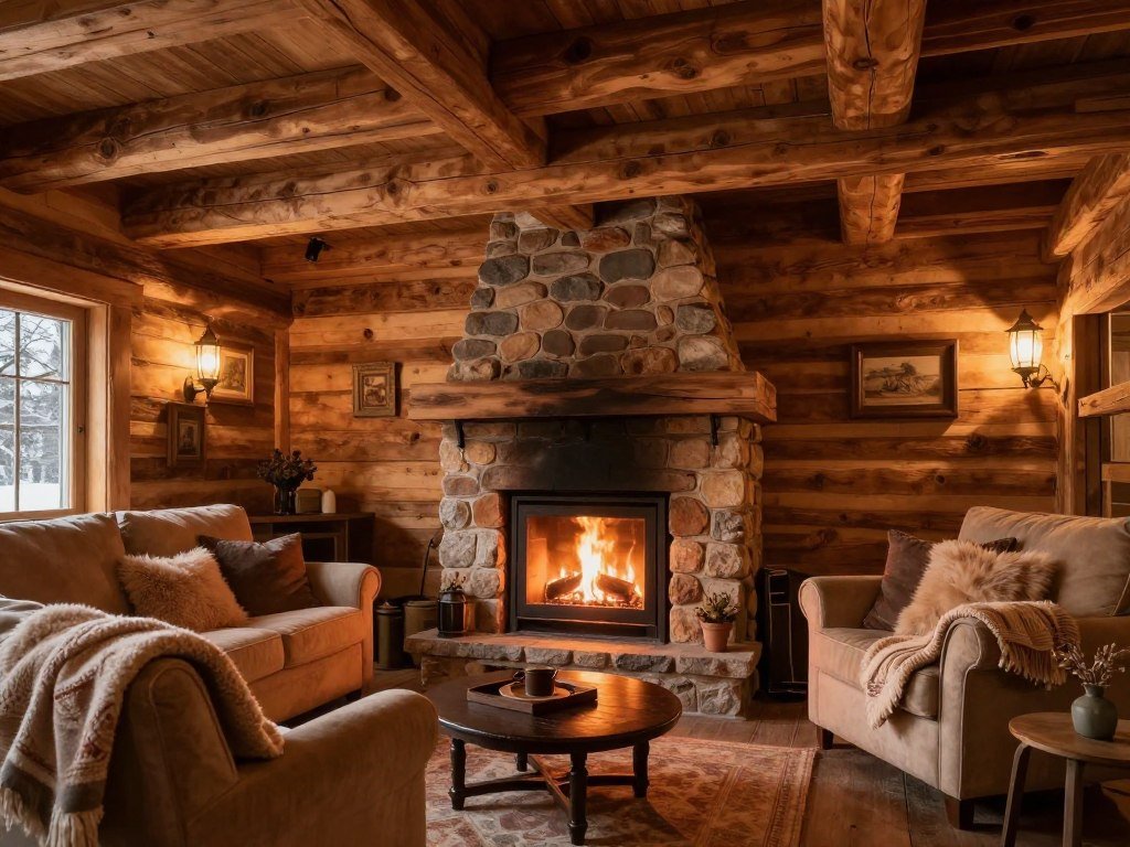 Cozy wooden cabin interior with fireplace and romantic atmosphere