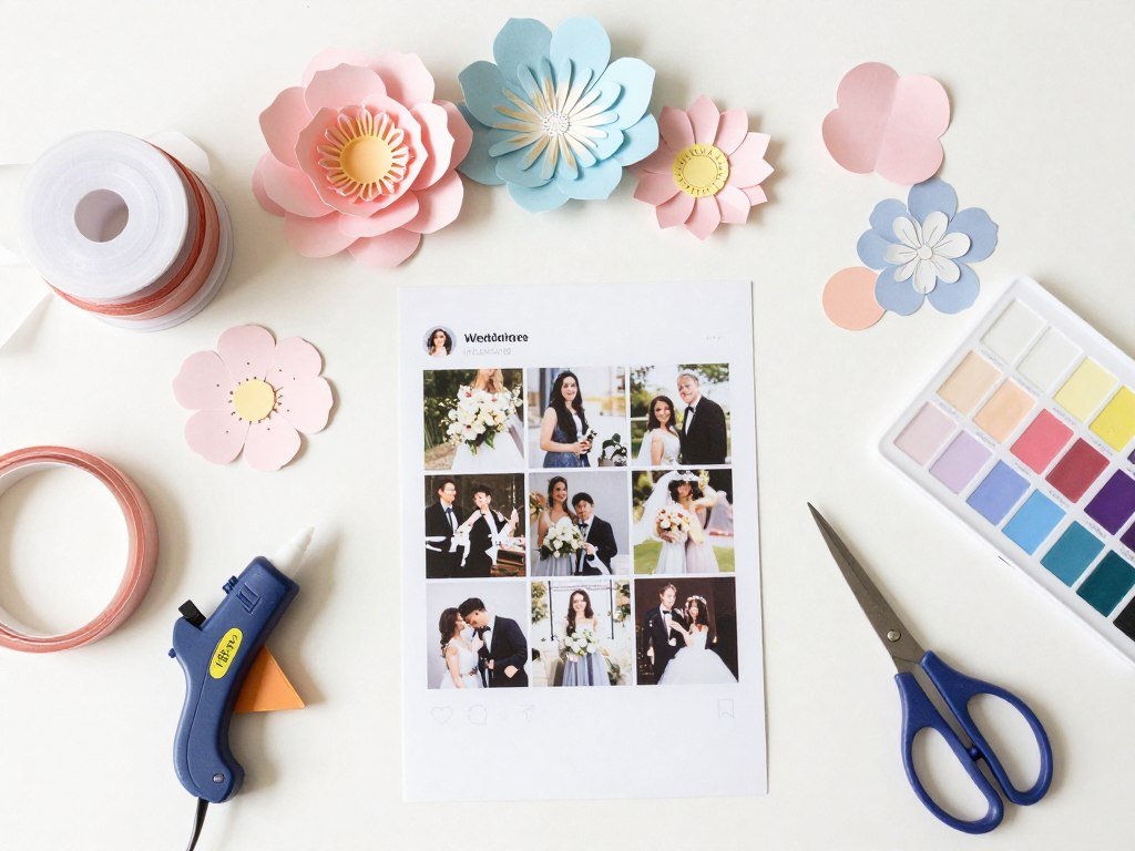Crafting supplies and handmade wedding decorations on work table