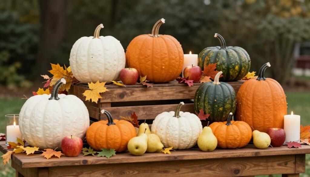 Creative display of seasonal elements including pumpkins, apples, and fall foliage for wedding decor Creative display of seasonal elements including pumpkins, apples, and fall foliage for wedding decor