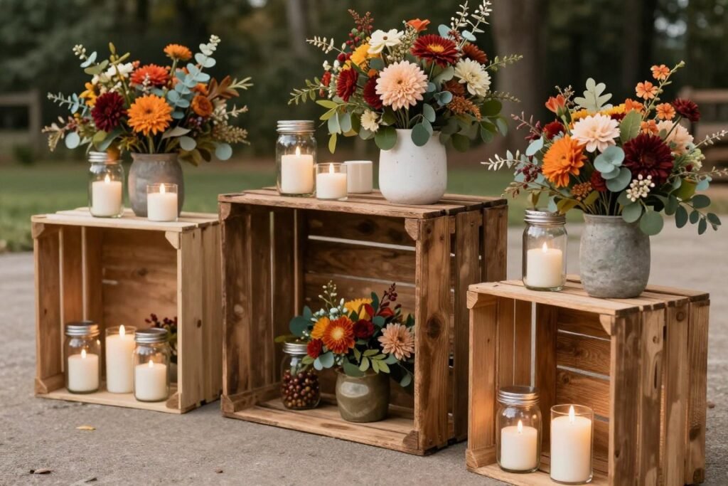 Creative fall wedding decor using repurposed items like mason jars and wooden crates Creative fall wedding decor using repurposed items like mason jars and wooden crates
