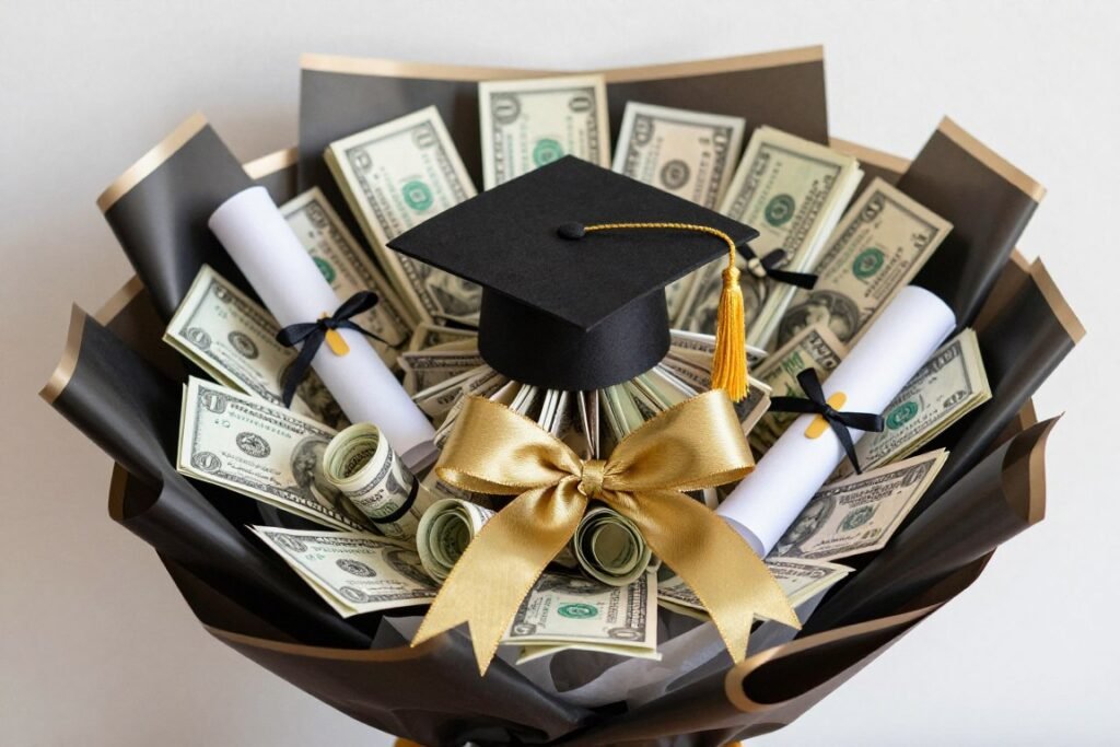 Creative money bouquet with graduation cap design using dollar bills