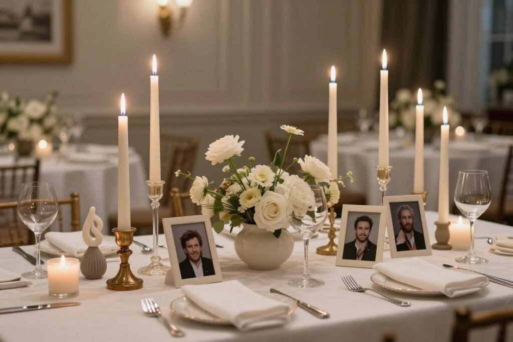 Creative non-floral centerpieces for cocktail hour tables including candles and unique objects