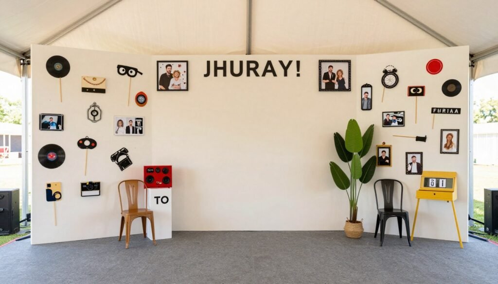 Creative photo backdrop with props in a party tent