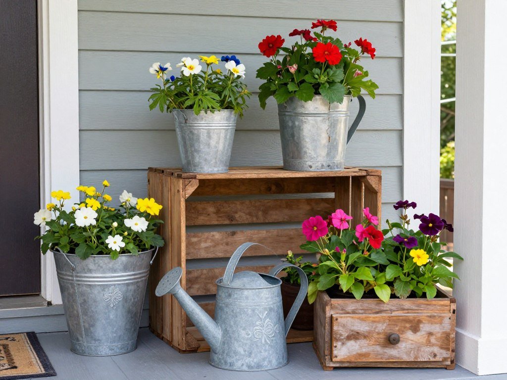 Creative repurposed containers used as front porch planters including painted buckets and vintage finds