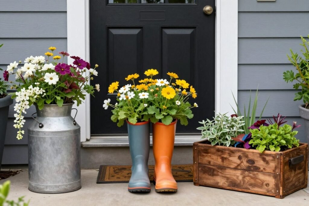 Creative repurposed front door planters showing vintage and upcycled containers with flowers Creative repurposed front door planters showing vintage and upcycled containers with flowers