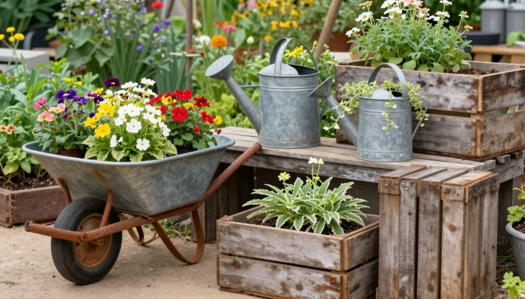 Creative repurposed planters including an old wheelbarrow, vintage watering can, and wooden crates filled with flowers