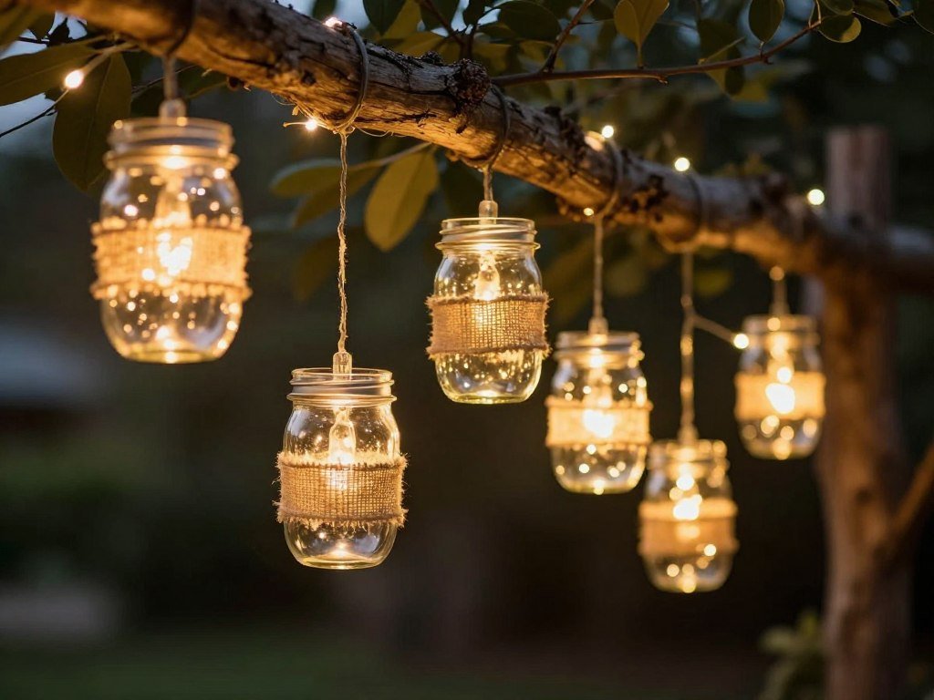 Creative rustic lighting features including hanging mason jar lights