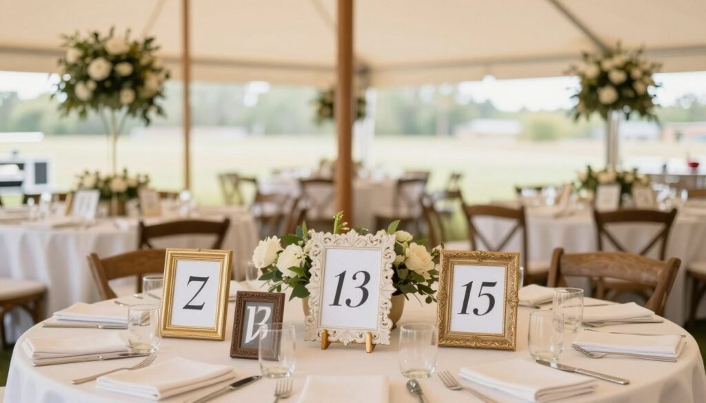 Creative table number displays coordinating with tent theme