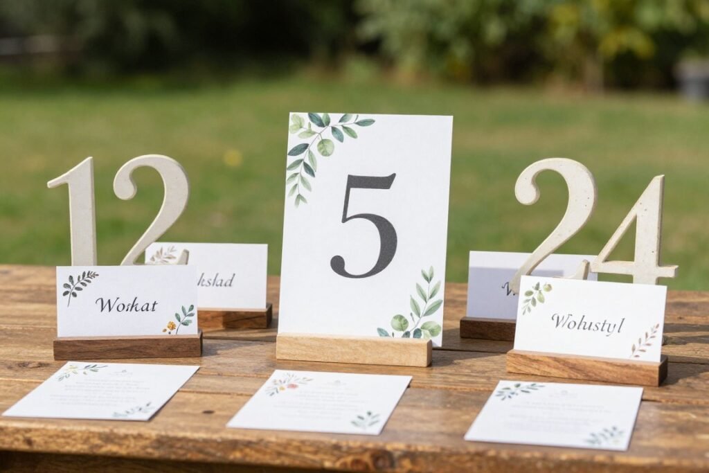Creative table numbers and place cards for backyard wedding