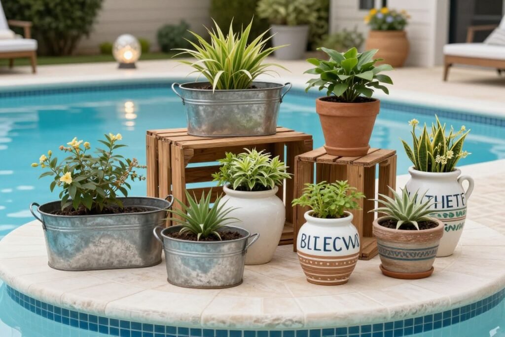Creative upcycled containers repurposed as unique poolside planters Creative upcycled containers repurposed as unique poolside planters