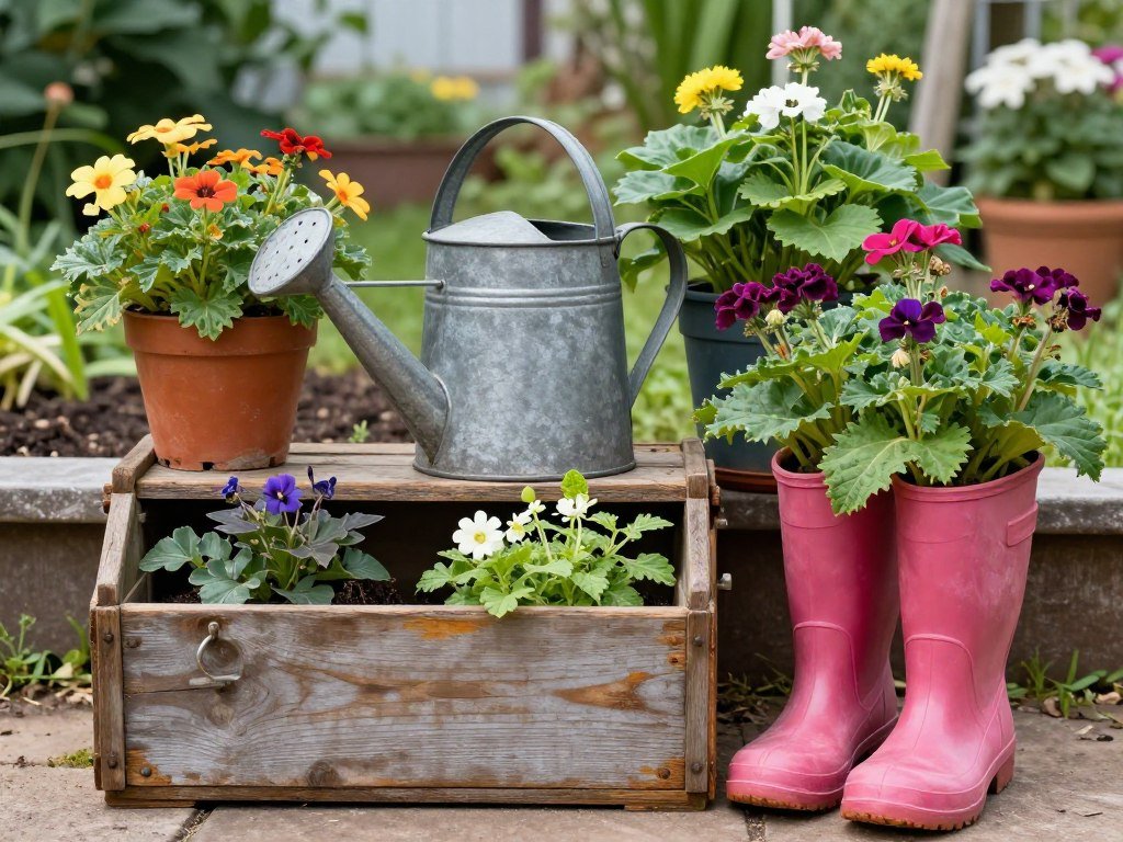 Creative upcycled planters made from repurposed items like toolboxes, boots, and vintage containers