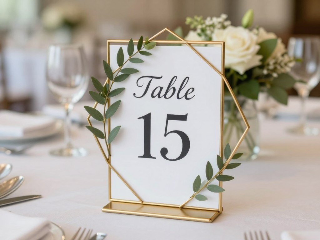 Creative wedding table number display with gold frame and greenery accent on reception table
