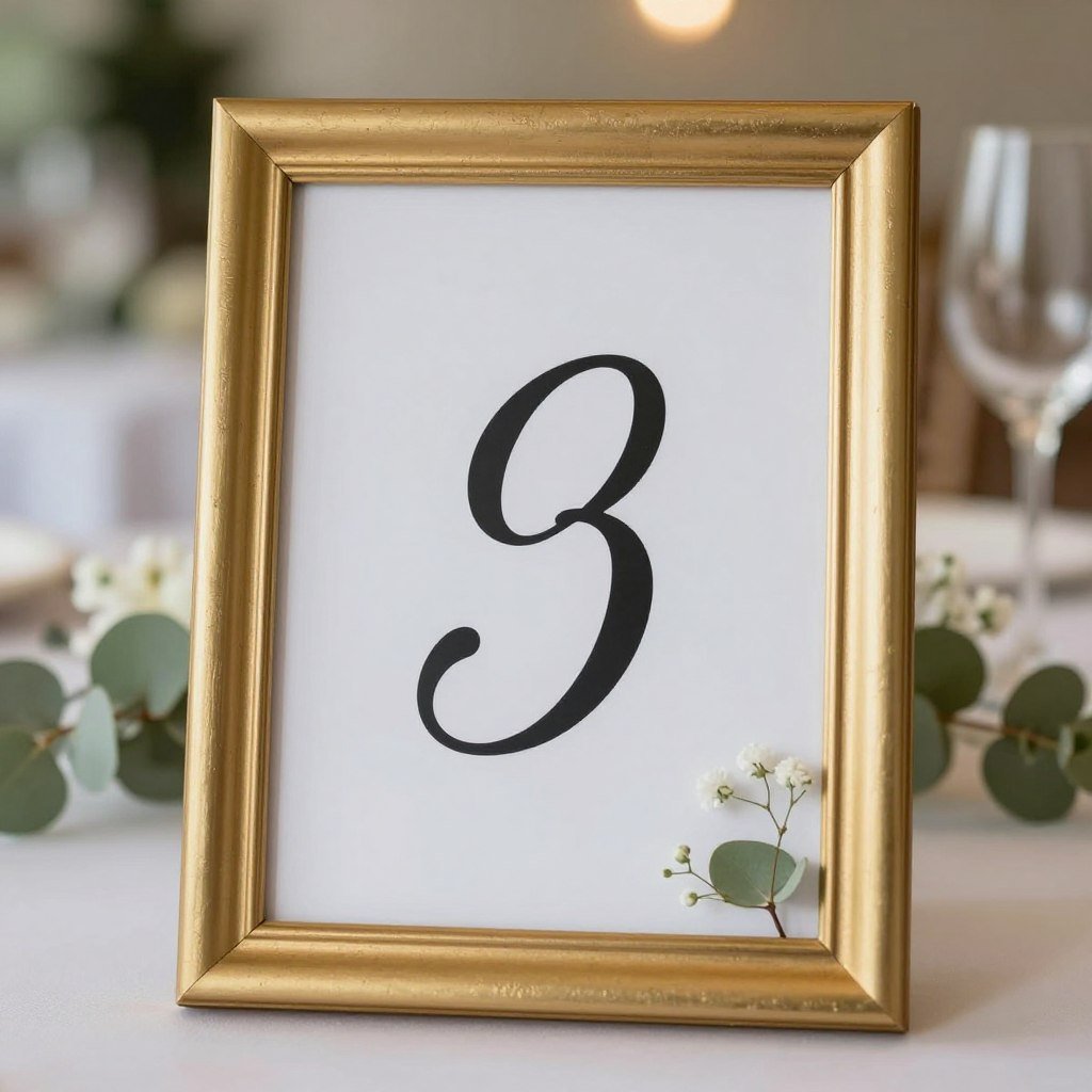 Creative wedding table number display with gold frame and greenery accents Creative wedding table number display with gold frame and greenery accents