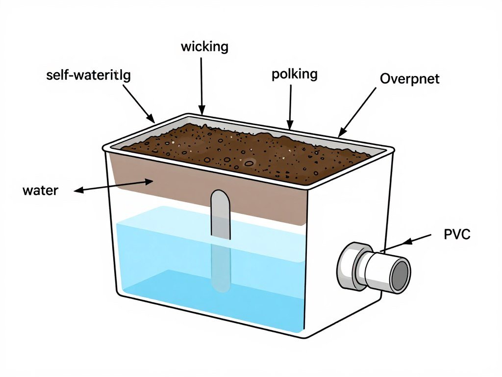 Cross-section diagram of a DIY self watering planter showing the water reservoir, wicking system, and soil layers