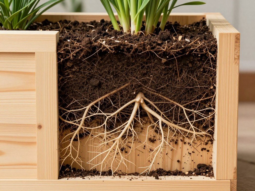 Cross-section of a cedar planter showing insulating properties protecting plant roots Cross-section of a cedar planter showing insulating properties protecting plant roots