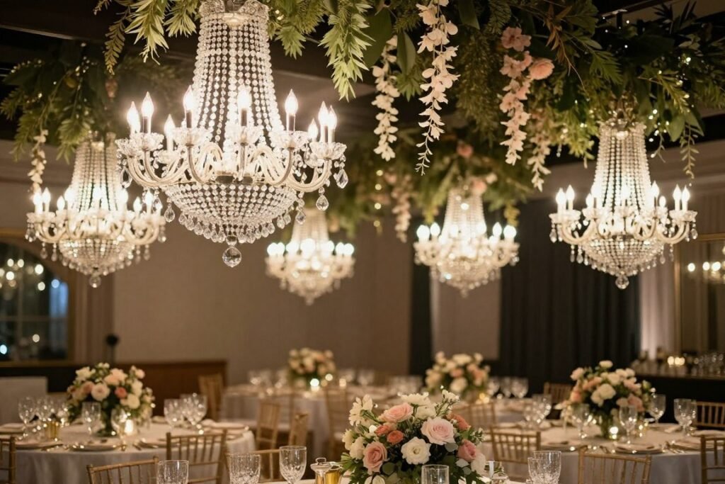 Crystal chandeliers adorned with flowers hanging over wedding reception tables Crystal chandeliers adorned with flowers hanging over wedding reception tables