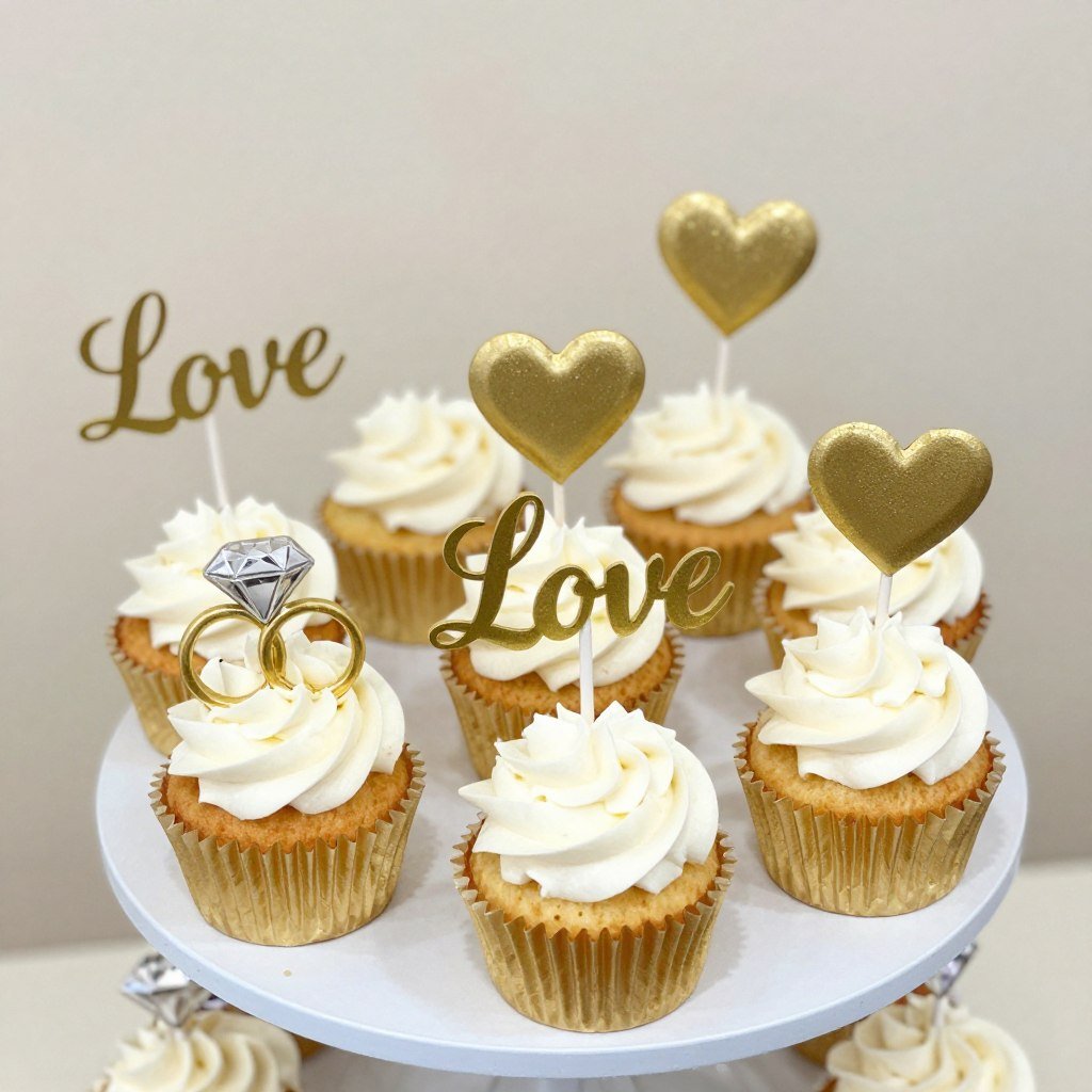 Cupcakes with engagement-themed decorative toppers